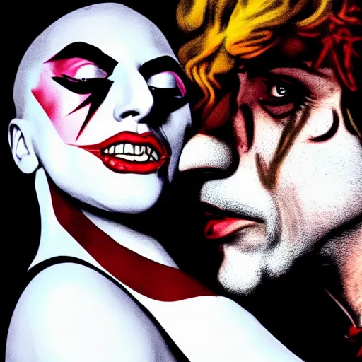 Image similar to richard hamilton and mimmo rottela as lady gaga harley queen and joaquin phoenix joker kissing, pop art, medium long shot, 2 color, random content position, object details, dynamic composition, 4 k, ultra realistic art, smooth, sharp focus, illustration, concept art, intricate details, h 7 6 8