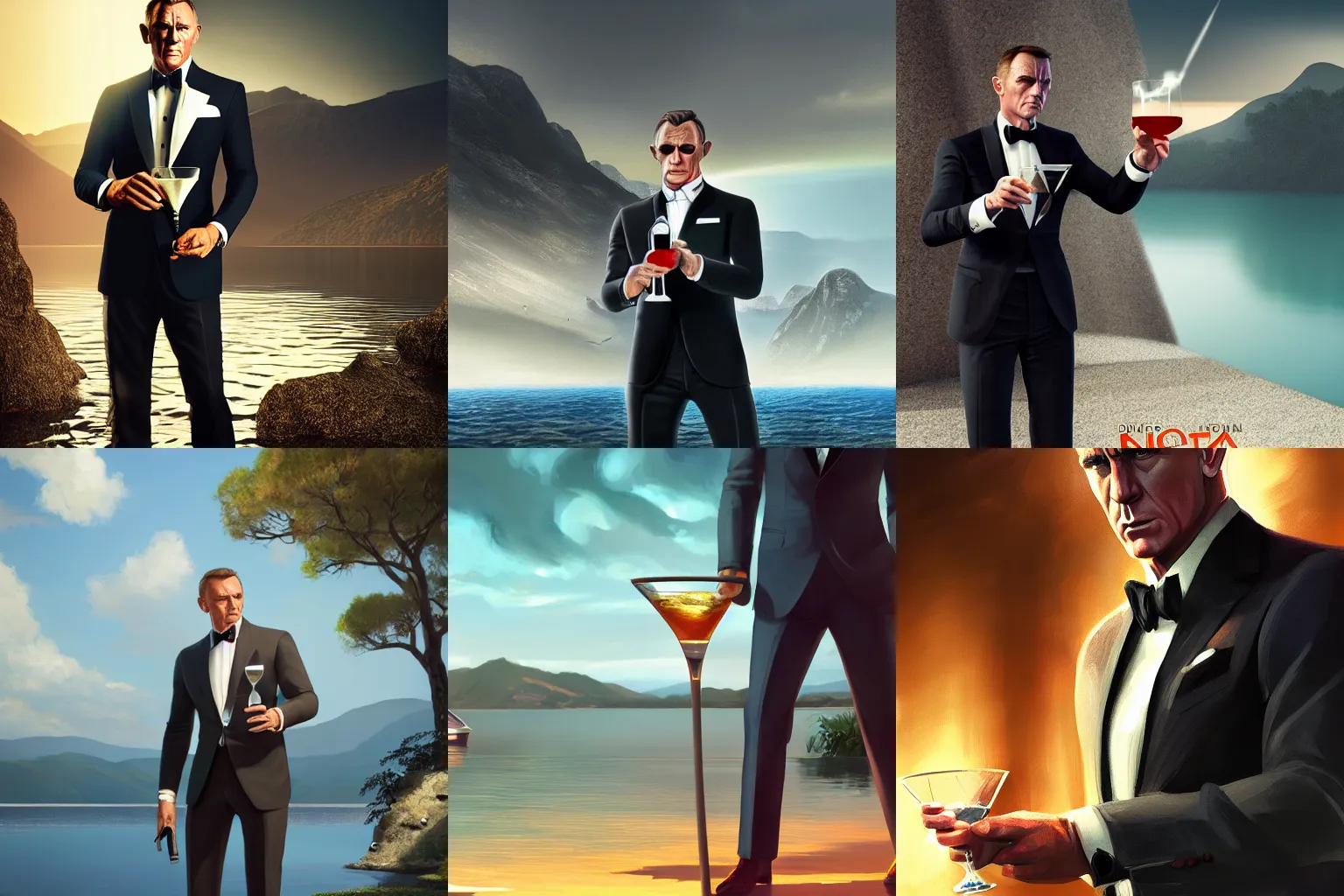 Prompt: James Bond holding a dry martini, summer lake setting, cinematic lightning, medium shot, mid-shot, highly detailed, trending on Artstation, Unreal Engine 4k, cinematic wallpaper by Stanley Artgerm Lau, WLOP, Rossdraws, and Sakimichan