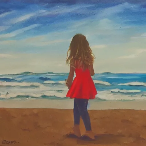 Image similar to girl looking at the ocean waves, Leon Bosko style