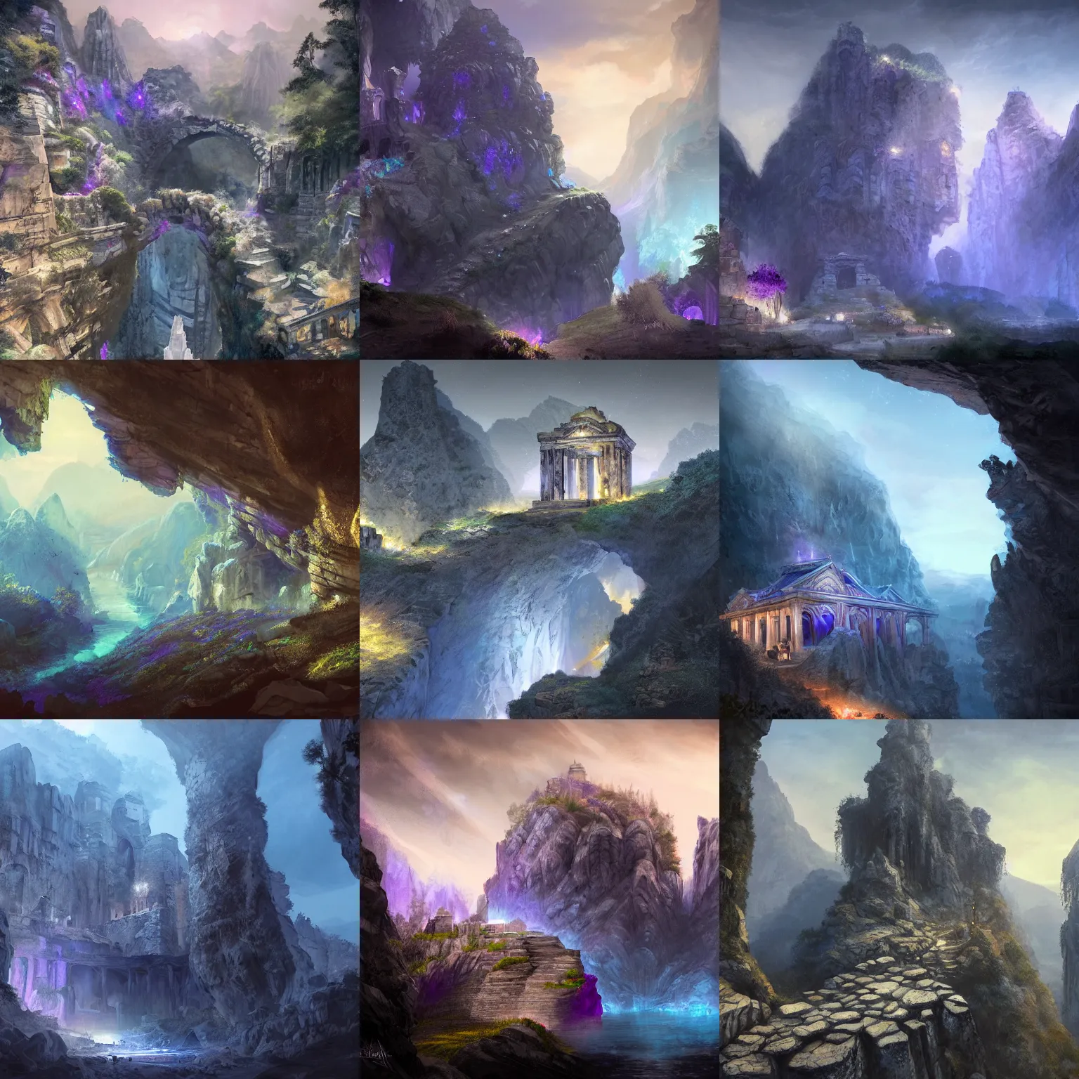 Prompt: Gorge in the mountain, white stone temple ruins, night dramatic lighting, blue and purple tones, wide camera angle, matte painting, trending on ArtStation, concept art, delightful surroundings, high detail