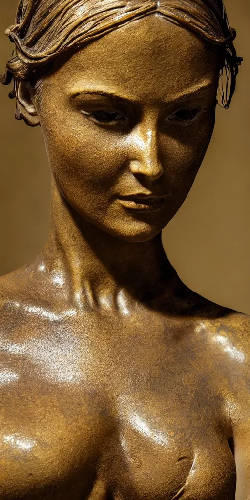 Prompt: detailed photo of an old bronze patina statue of a beautiful lara croft posing for a portrait, intricate detail, museum diffuse lighting