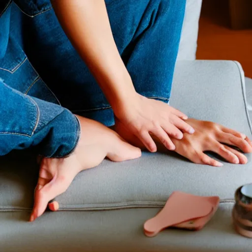 Prompt: a woman cutting her toenails on a grey couch