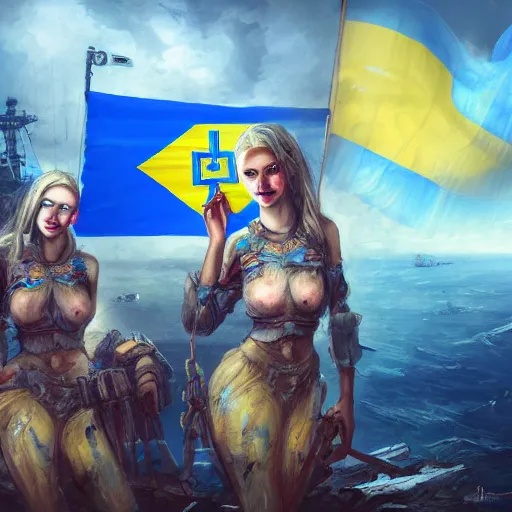 Image similar to ukrainian girls with ukrainian flag near big ruined warship, happy, concept art, trending on artstation, highly detailed, intricate, sharp focus, digital art, 8 k