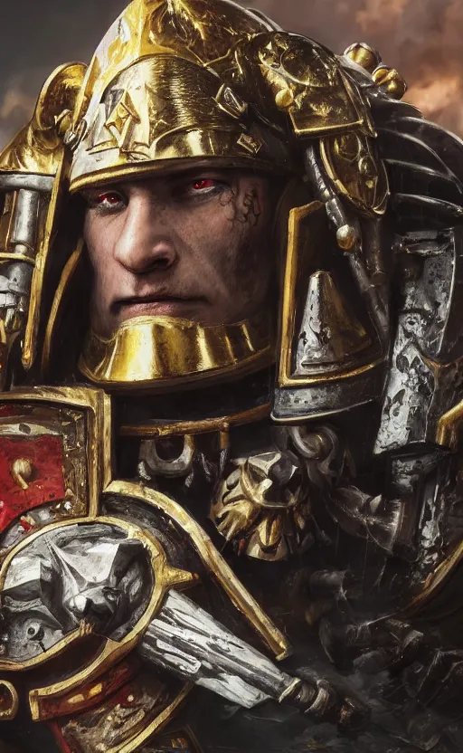 Image similar to warhammer 40k portrait of Emperor of Mankind, young man with beautiful face, long hair, digital art, illustration, fine details, cinematic, highly detailed, octane render, hyperrealistic, 4k