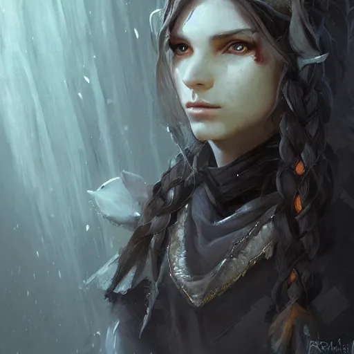 Prompt: a sad female elf druid in dark clothes with a long dark french braid, dnd character art portrait, by ruan jia