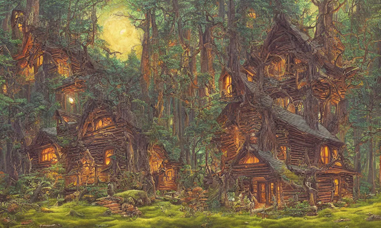 Image similar to a cabin in a mystical forest filled with grand magic, illustration painting, oil on canvas, intricate, hd, digital art, overdetailed art, complementing colors, detailed, illustration painting by alex gray, digital art, moebius