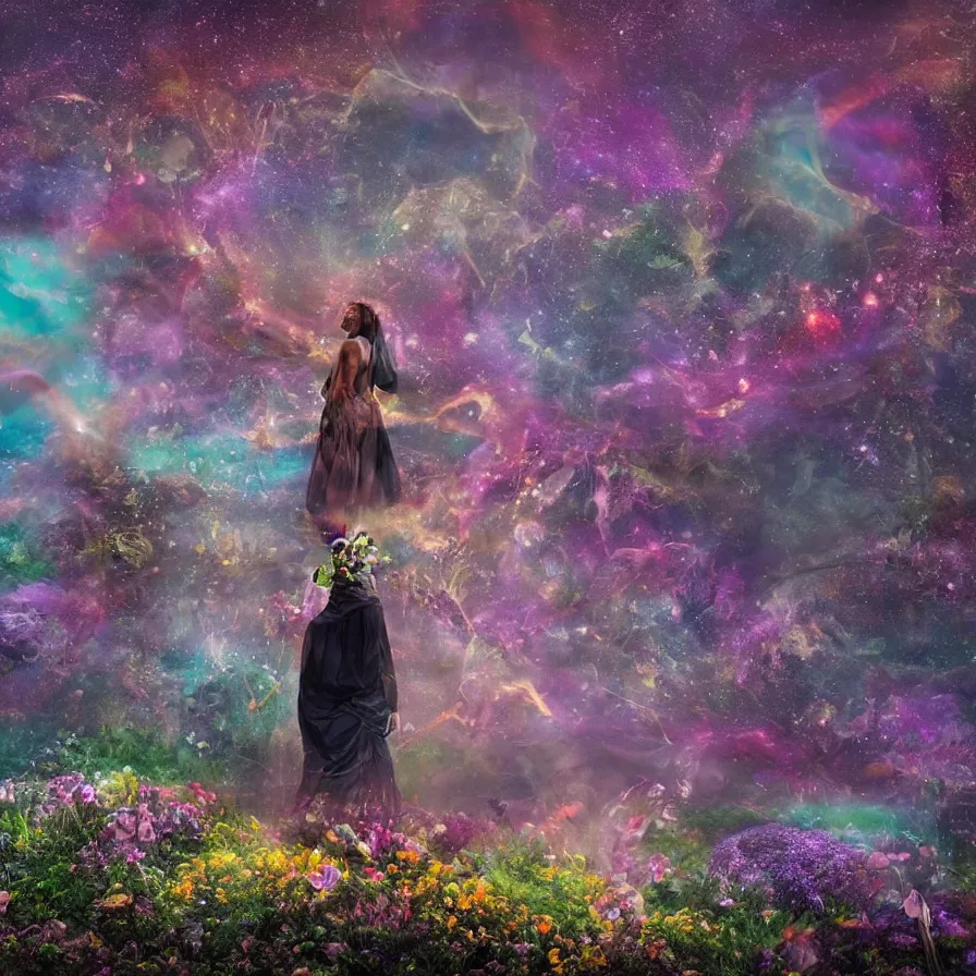 Image similar to a planet of various flowers, fungus and plants, in which the human figure is dressed in something magical and impressive, inside the picture is infinity, sunset light, Atmospheric phenomenon, artistic photography, muted colors, conceptual, long exposure outside the city