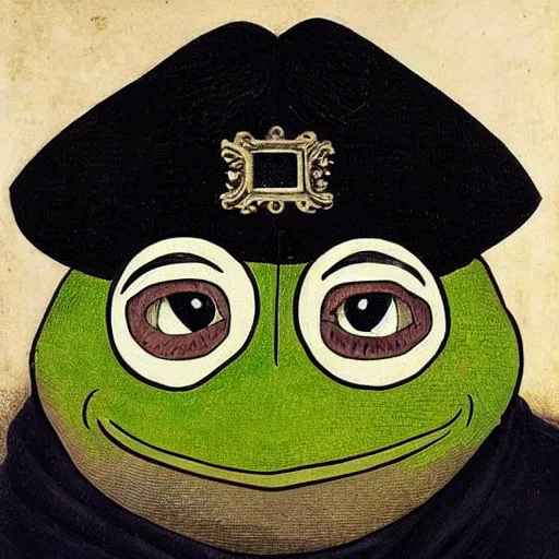 Image similar to pepe the frog as 1 9 th century prussian soldier, elegant portrait by sandro botticelli, detailed, symmetrical, intricate