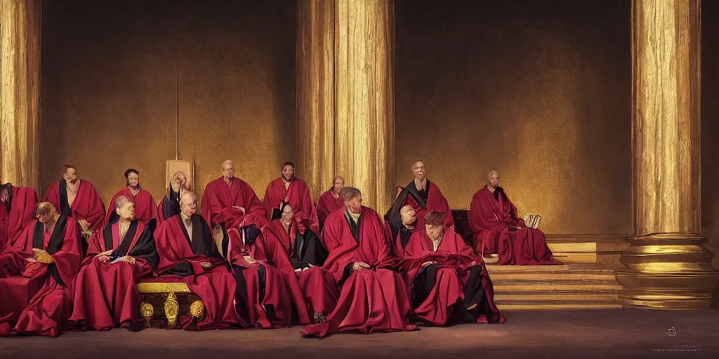 Image similar to beautiful oil matte portrait painting, ancient senators in royal crimson robes sit in tribunes, highly detailed, beautiful cinematic light deep focus, elegant, digital painting, smooth, sharp focus, golden ratio, dramatic illumination, art by aleksi briclot, rutkowski and caravaggio