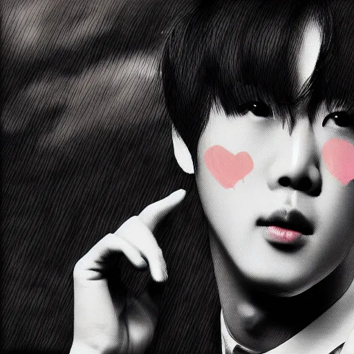 Image similar to Jin from BTS sending a kiss to the camera, digital art