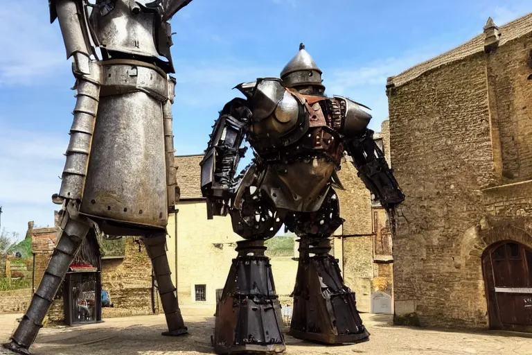 Image similar to a giant mech made out of medieval knights armor and parts standing in an old english village