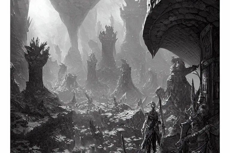 Image similar to black and white point perspective dungeon cozy fantasy dungeon you find the burrowed lair of swordlore, the full worm,by artgerm and Craig Mullins, James Jean, Andrey Ryabovichev, Mark Simonetti and Peter Morbacher 16k