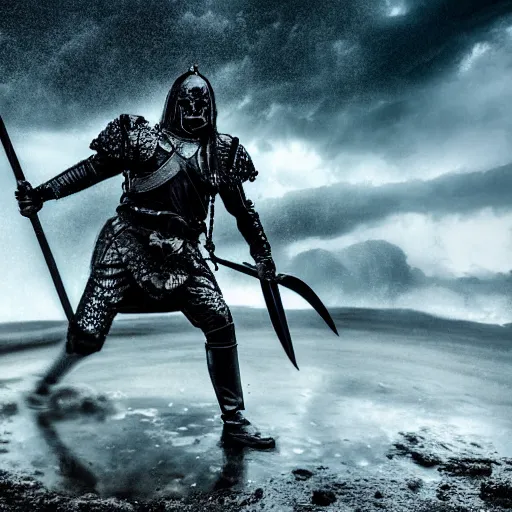 Prompt: badass epic photograph of a man clad in black metallic medieval armor holding a black metal sword, background of a nuclear crater filled with water, dramatic lighting, film still, stormy weather, raining