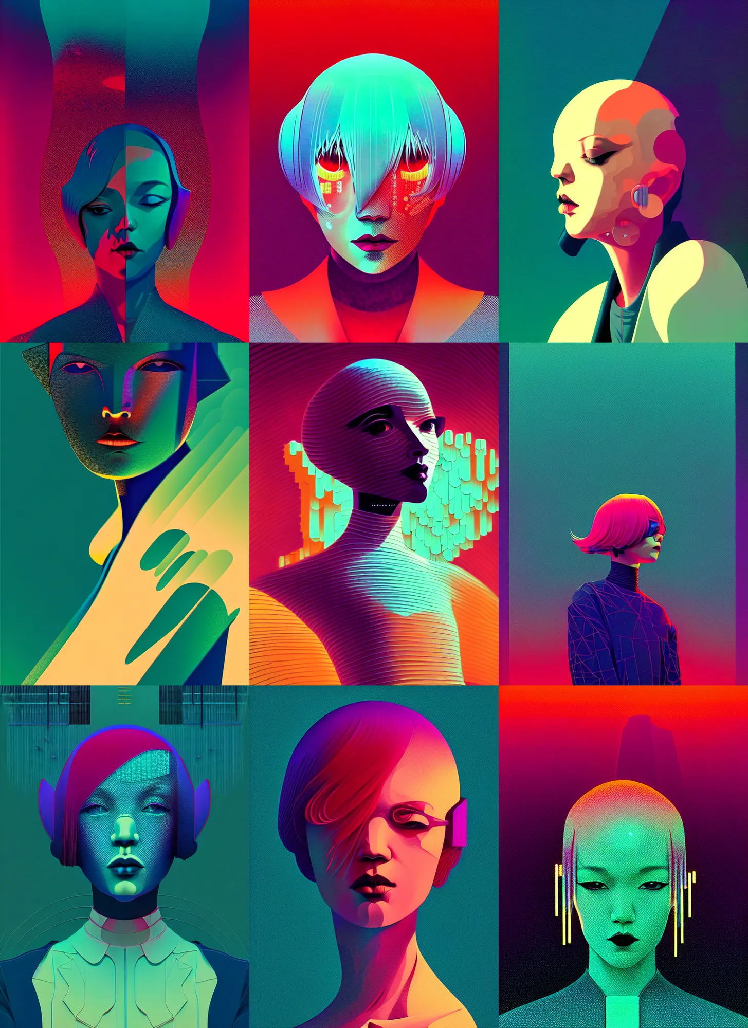 Prompt: ( ( dither ) ), editorial illustration portrait of reol, dynamic pose, modern art deco, colorful, ( ( mads berg ) ), christopher balaskas, victo ngai, rich grainy texture, detailed, dynamic composition, wide angle, moebius, matte print, ( ( glitch art ) )