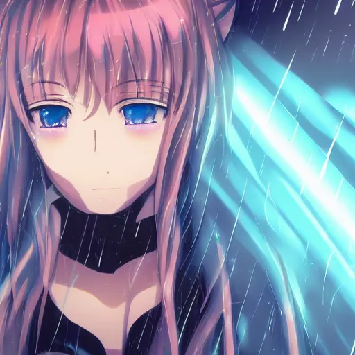 Image similar to key anime visual of a girl with glowing blue eyes; rain falling; close up shot; trending on Pixiv