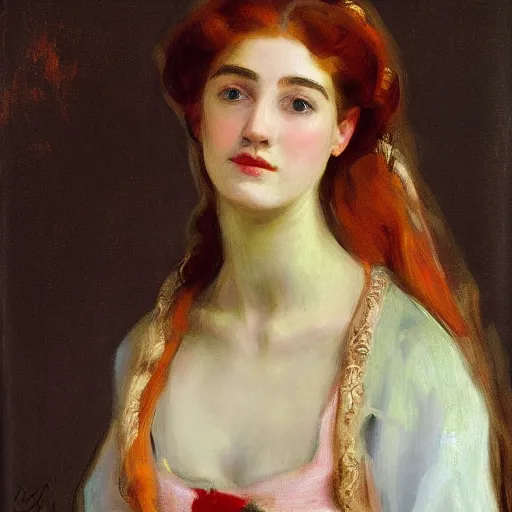 Prompt: portrait of a young woman, raphaelite, in the style of john singer sargent