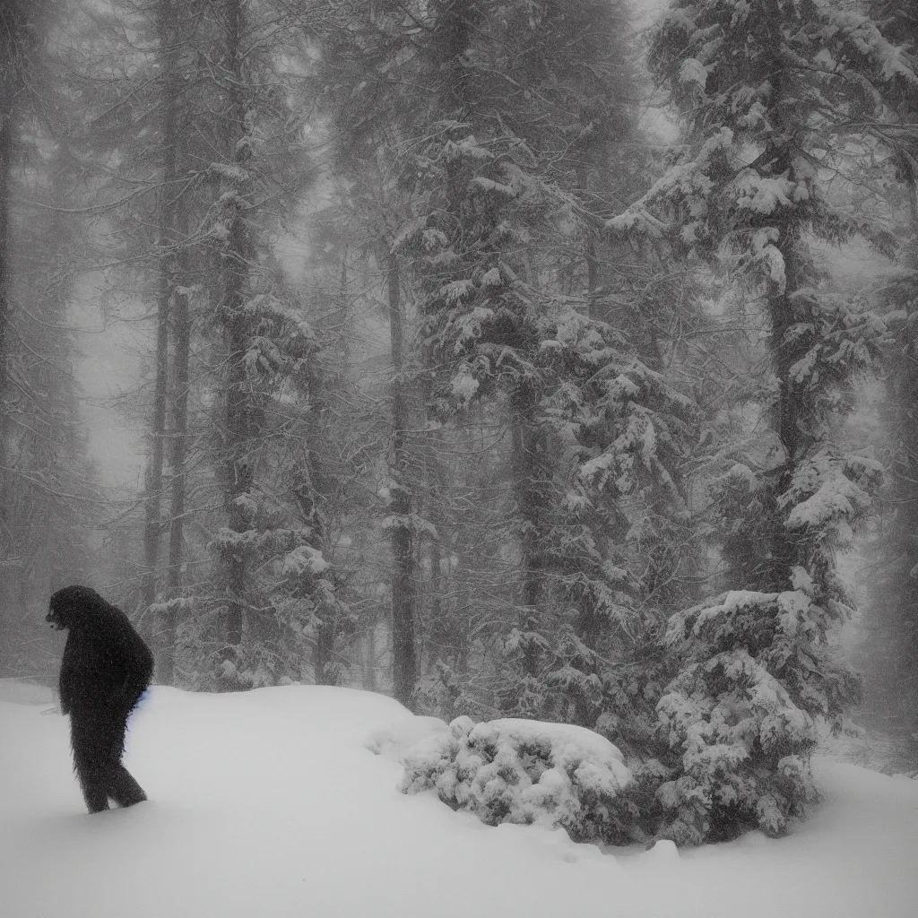 Image similar to photo, bigfoot is hiding in the background. cold color temperature, snow storm. hazy atmosphere. humidity haze. kodak ektachrome, greenish expired film, award winning, low contrast