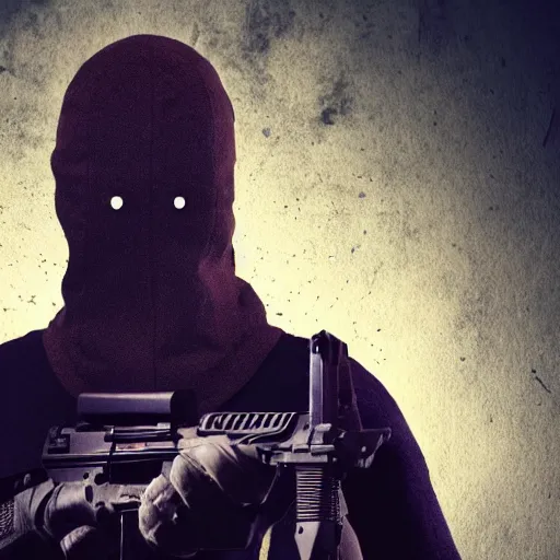 Image similar to criminal wearing a balaclava holding an automatic weapon, horror theme, detailed, elegant, intricate, conceptual, volumetric light