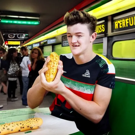 Prompt: Angus Brayshaw eating 4 subway footlongs