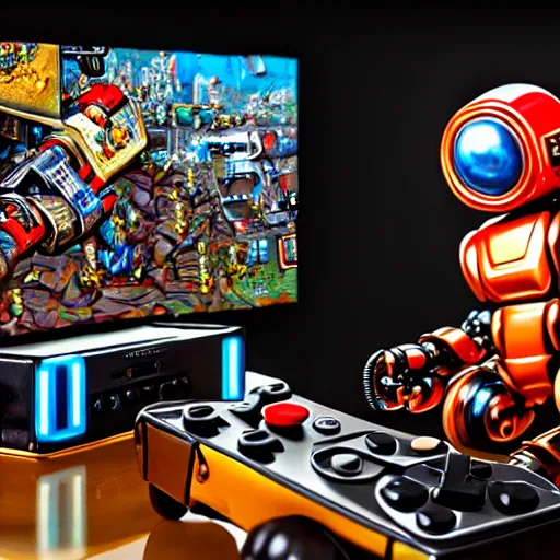 Prompt: an elaborate robot holding a retro game controller in its hand, on screen video game shown in background, intricate details, hyperrealistic oil painting on canvas, deep depth field, hd, hdr, 4 k, 8 k,