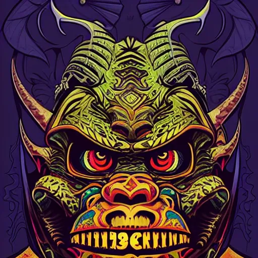 Image similar to barong family member, wiwek, mara demon, one single tribe member, jungle, one single mask, dark, ancient warrior, gorilla, lizard, tribal, inner glow, art by dan mumford and justin gerard and sachin teng