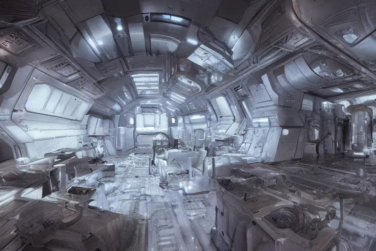 Image similar to interior of a space shp, cryogenic pods, giger stye, volumetric lighting, atmospheric