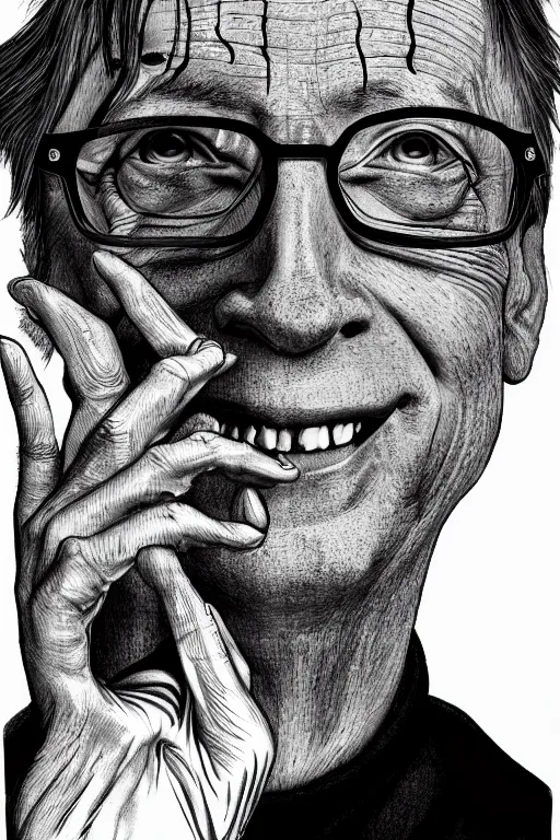 Prompt: Bill Gates full body portrait, body horror, black and white Illustration by Junji Ito