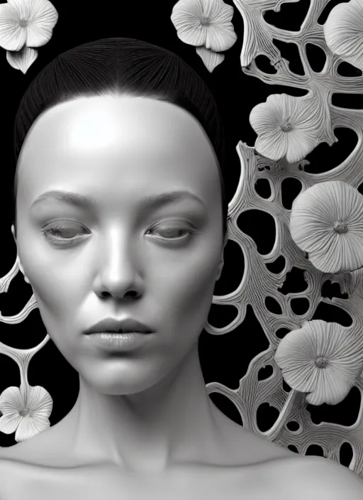 Prompt: monochrome 3 d model, biomechanical young female cyborg with porcelain profile face and a big floral eye, volumetric light, big leaves foliage and stems, hibiscus flowers, boho floral vines, sinuous fine roots, fine foliage lace, alexander mcqueen, rim light, art nouveau fashion pearl embroidered collar, steampunk, redshift render, 8 k