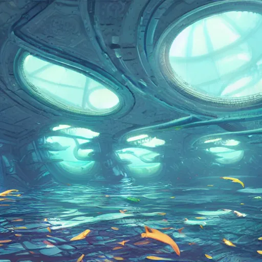 Image similar to underwater city wide angle kelp trees, retro futuristic, domes in the style of dinotopia, Yanjun Cheng and Hsiao-R