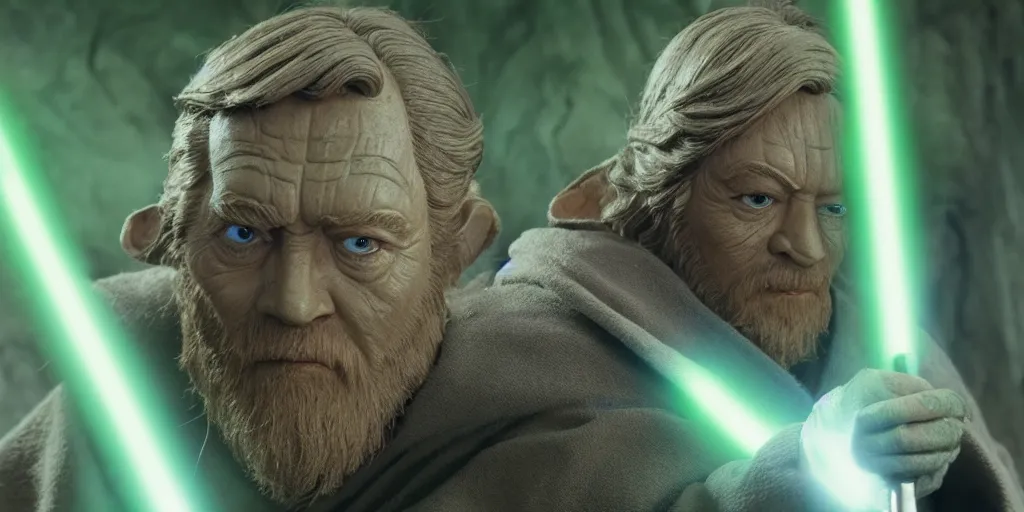 Image similar to obi - wan kenobi disney plus show season 2, green jedi master yoda puppet from 1 9 8 0 s empire strikes back and the last jedi, dagobah ultra realistic, 4 k, movie still, uhd, sharp, detailed, cinematic, render, modern