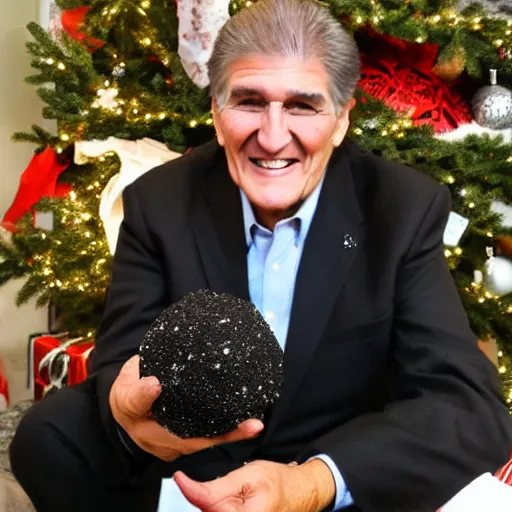 Prompt: Happy Joe Manchin playing with coal in front of a Christmas tree