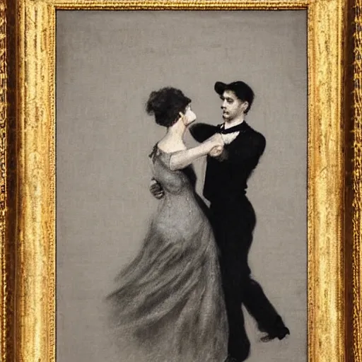 Image similar to old lady and young gentleman ballroom dancing by alfred stevens in charcoal