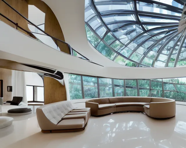 Prompt: A futuristic living room with floor to ceiling glass windows on the left and curved wooden stairs going upstairs on the right, two white sofas with a white marble table in the center of the living room, stairs to the second floor, in a large glass dome, 8k resolution, professional interior design photograph, wide angle photograph