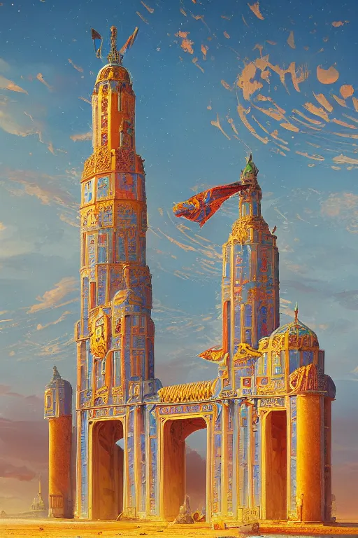 Image similar to glorious painted tower of the sun and stars by Sylvain Sarrailh and Ludwig Deutsch and Rudolf Ernst, dramatic cinematic lighting , beautiful colorful tilework, ornate architecture, smooth, sharp focus, extremely detailed