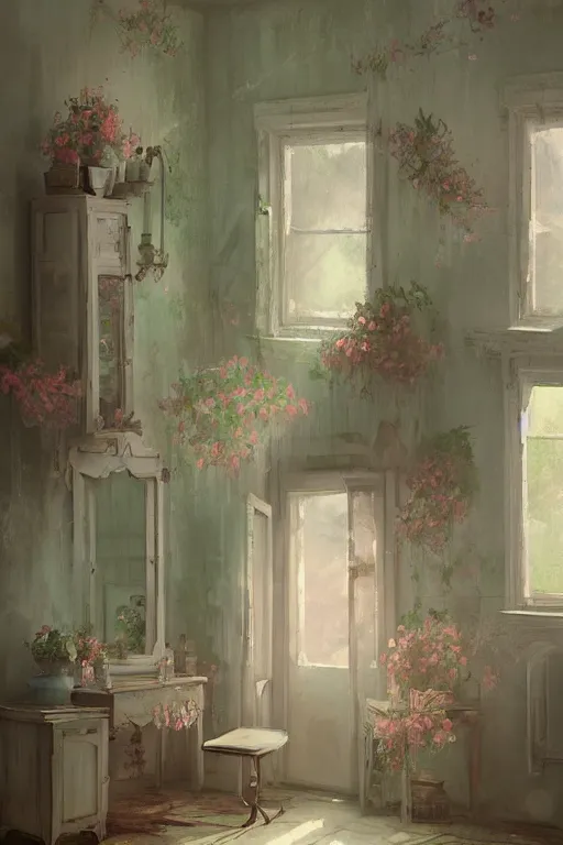 Prompt: beautiful digital matte painting of a whimsical botanical shabby chic dressing room by greg rutkowski and edward hopper, vivid artstation, behance hd