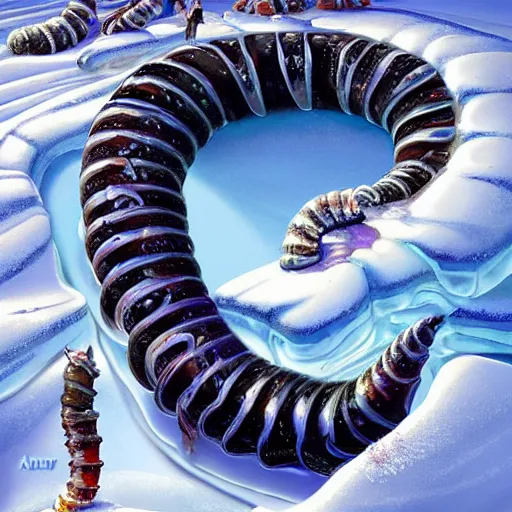 Image similar to giant jello worm in a icy desert, ice, snow, cold, by the tony sart and hr giger, artstation