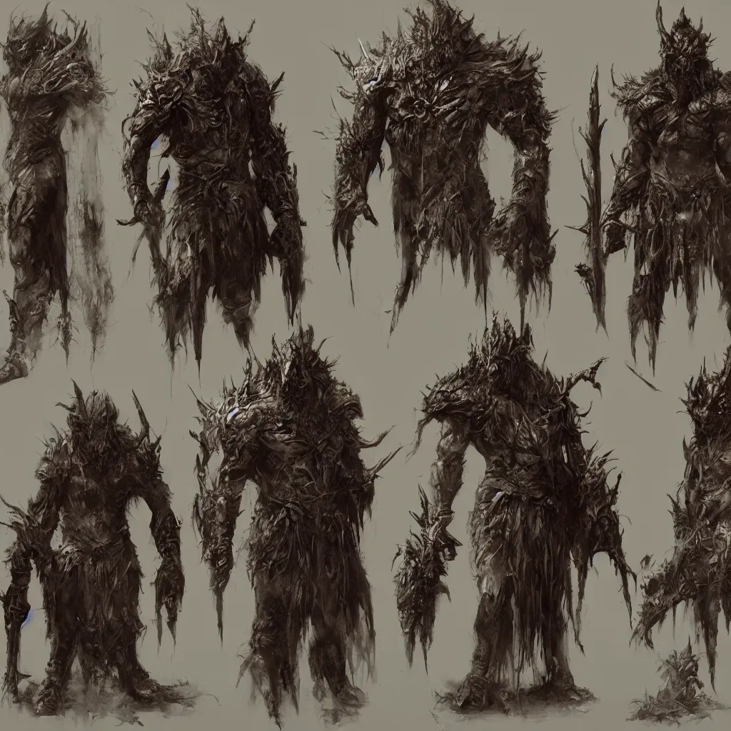 Image similar to feral chieftain charector concept sheet, beksinski, ruan jia, the hobbit orc concept, dark soul concept