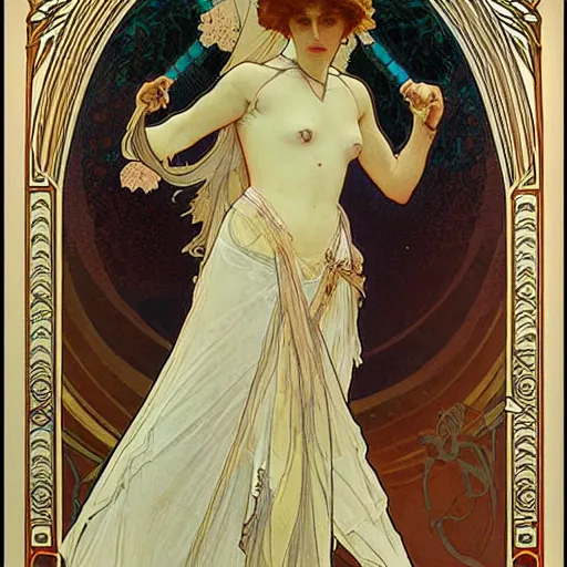 Image similar to a beautiful female necromancer raising the dead by alphonse mucha by jules joseph lefebvre