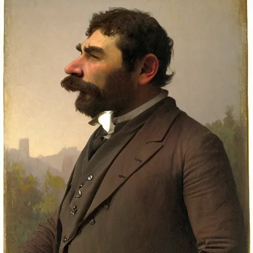 Prompt: detailed portrait painting of gentleman orc with green skin wearing brown tuxedo by William-Adolphe Bouguereau
