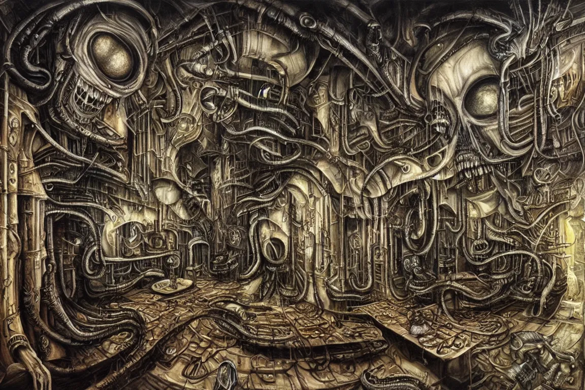 Image similar to A very detailed nightmarish penthouse, surrealism, airbrush painting, style of H. R. Giger