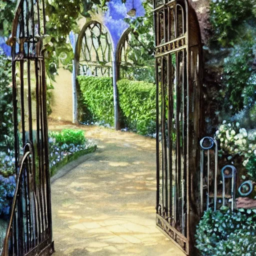 Image similar to delicate, chairs, garden, paved, botanic watercolors oils, iridescent, 8 k, realistic shaded, fine details, artstation, italian, iron gate, tree, mediterranean