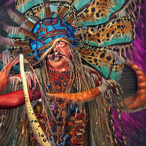 Image similar to an intricated and detailed painting of a shaman turning into a jaguar 4 k render