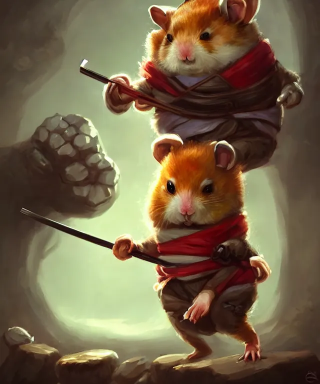 Image similar to anthropomorphic hamster ninja eating sushi, ninja outfit, standing in a beautiful landscape, cute and adorable, dnd character art portrait, matte fantasy painting, deviantart artstation, by jason felix by steve argyle by tyler jacobson by peter mohrbacher, cinematic lighting