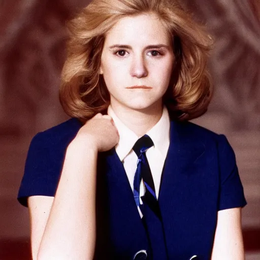 Image similar to a portrait photo of 20 year old female Joe Biden, with a sad expression, looking forward