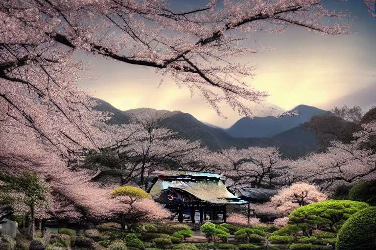 Image similar to Old japanese architecture in a Japanese valley, cherry blossom trees, dramatic sky, digital art, 4k, 8k, trending on ArtStation