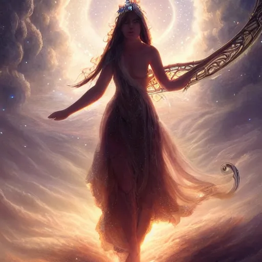 Image similar to a high quality realistic portrait of a very very beautiful! celestial interdimensional goddess playing a mystical harp and springing life into the universe, highly detailed, intricate, sharp focus, fantasy, mystical, dreamlike, cinematic lighting by WLOP and greg rutkowski