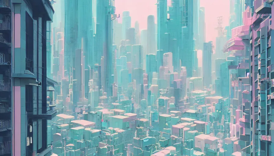 Prompt: a beautiful highly detailed matte painting of the modern tokyo cityscape, vibrant pastel styling by atay ghailan, cliff chiang, loish and goro fujita, white, white cyan, pink and light green pastel mystical tones, featured on artstation, featured on behance, vray render