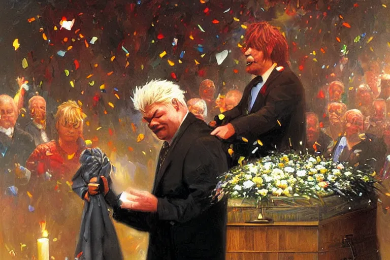 Image similar to portrait of rip taylor throwing confetti during a funeral service, an oil painting by ross tran and thomas kincade