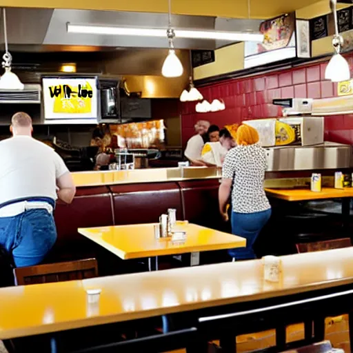 Prompt: busy wafflehouse interior with customers eating breakfast and wafflehouse employees serving food and cooking behind countertop bar