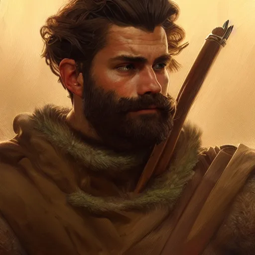 Image similar to portrait of a young rugged ranger, muscular, bust, hairy chest, D&D, fantasy, intricate, cinematic lighting, highly detailed, digital painting, artstation, concept art, smooth, sharp focus, illustration, art by Artgerm and Greg Rutkowski and Alphonse Mucha